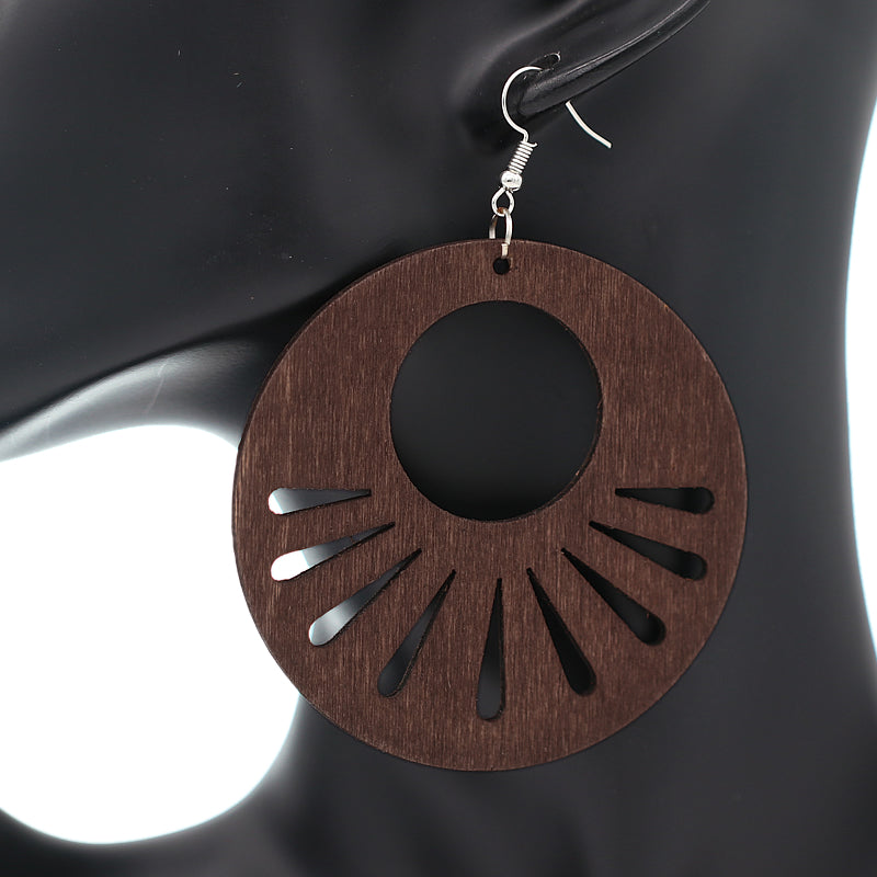 Dark Brown Round Keyhole Cutout Wooden Earrings
