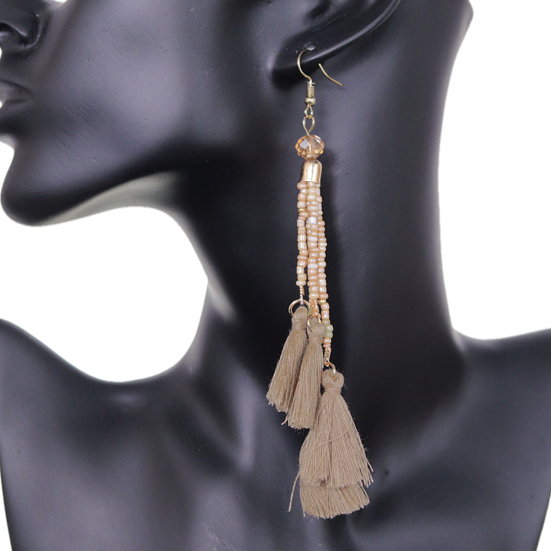 Brown Beaded Sequin Tassel Dangle Earrings