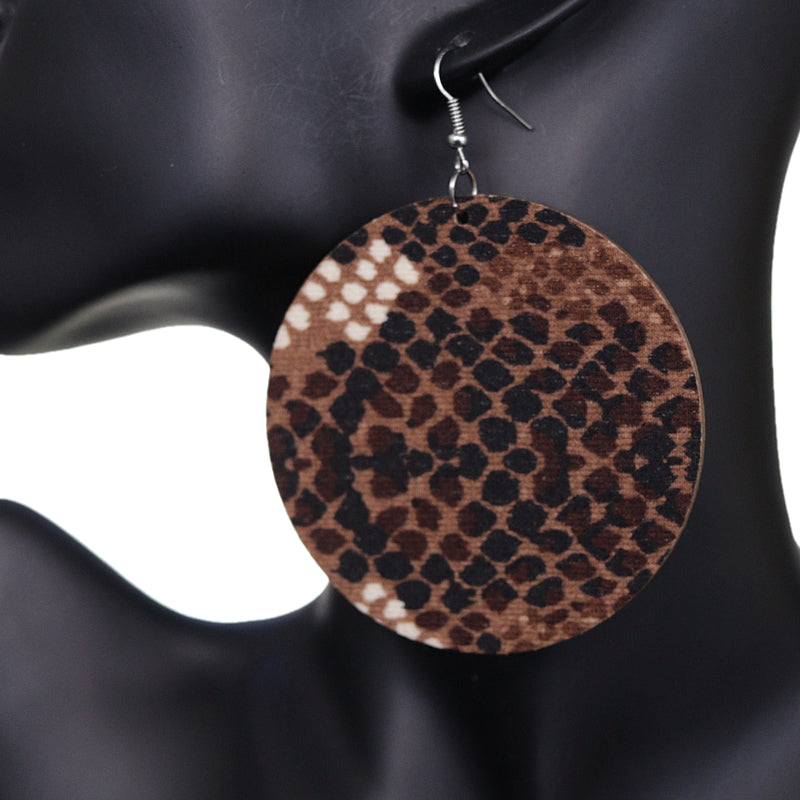 Brown Spotted Wooden Round Earrings