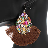 Brown Faux Gemstone Teardrop Tassel Fan Earrings