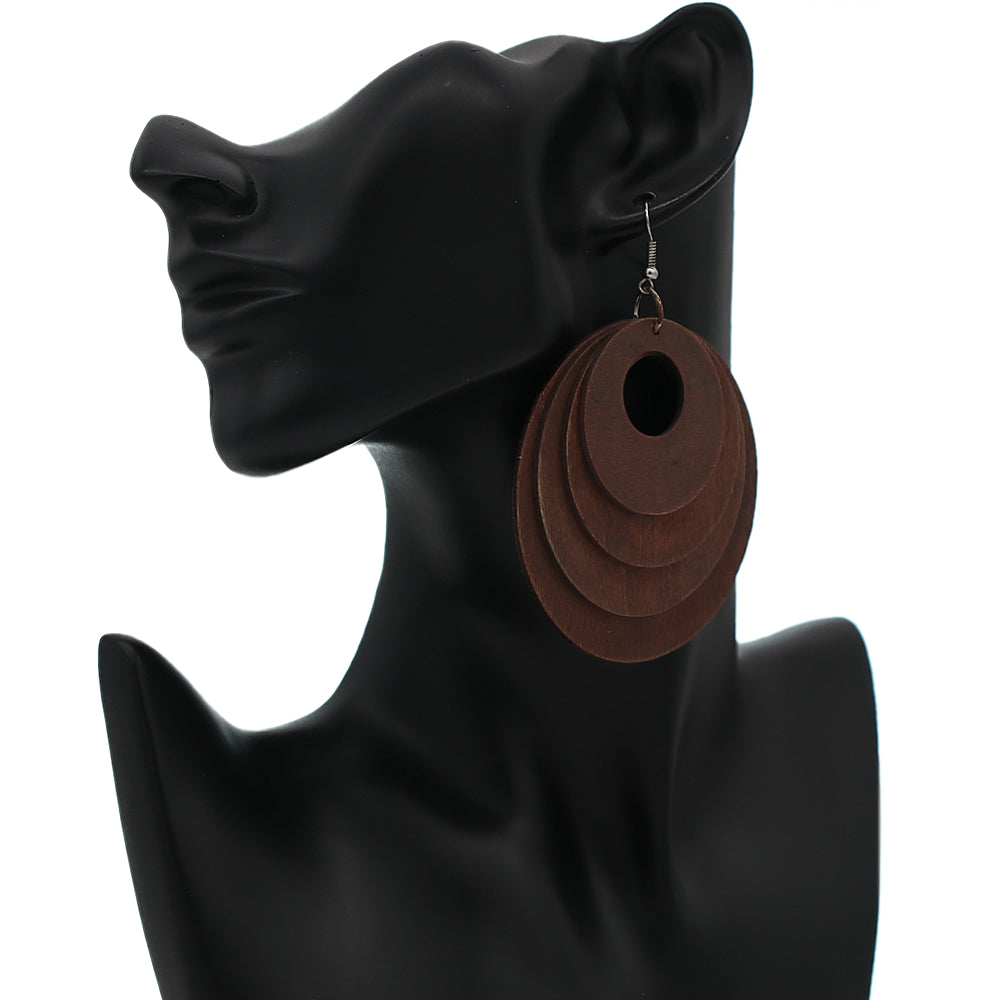 Mahogany Brown Layered Wooden Dangle Earrings