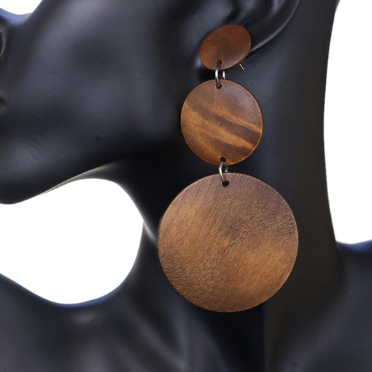 Brown Triple Circular Cascade Wooden Earrings