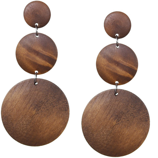 Brown Triple Circular Cascade Wooden Earrings