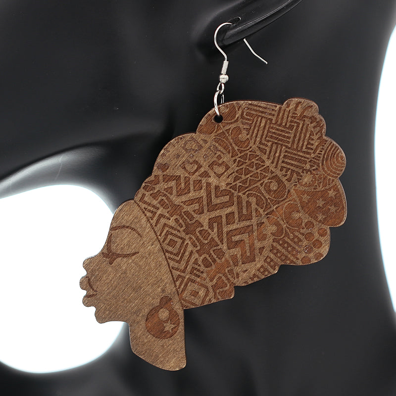 Brown Large Turban Head Wrap Wooden Earrings