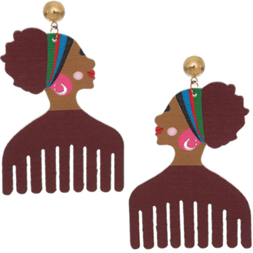 Brown Wooden Afrocentric Afro Pick Earrings