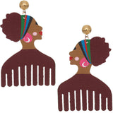 Brown Wooden Afrocentric Afro Pick Earrings