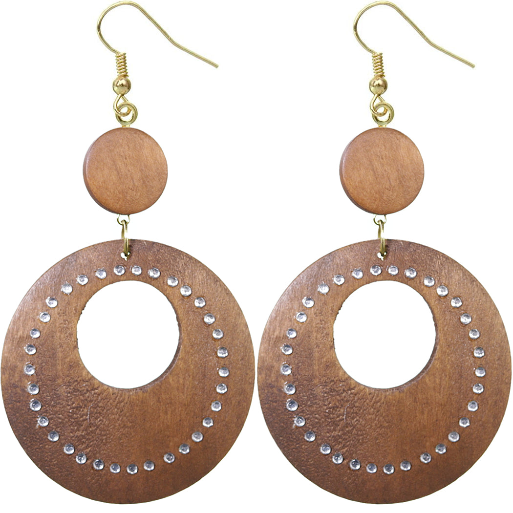 Brown Wooden Gemstone Drop Hoop Earrings