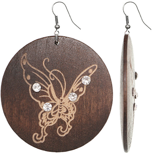 Brown Wooden Butterfly Rhinestone Earrings
