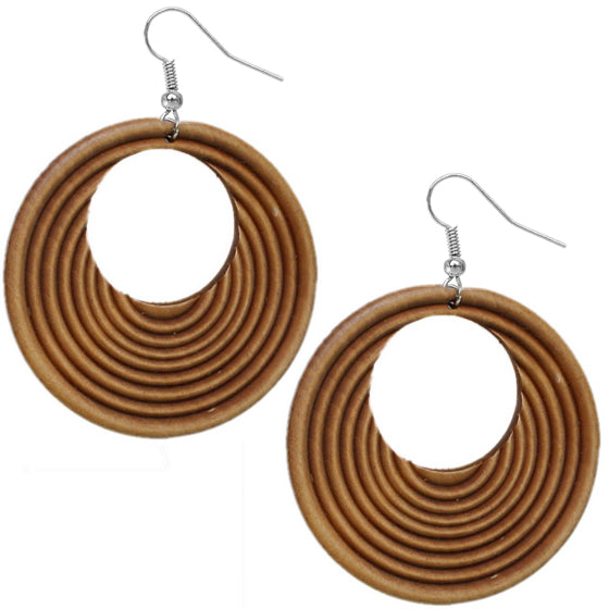 Brown Wooden Circular Roll Texture Dangle Earrings