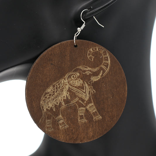 Brown Elephant Printed Round Wooden Earrings