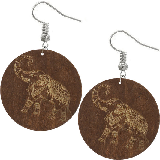 Brown Elephant Printed Round Wooden Earrings