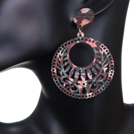 Brown Wooden Floral Design Drop Earrings