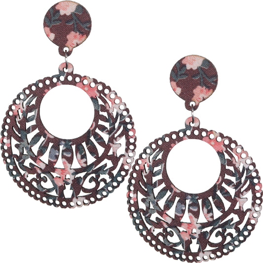 Brown Wooden Floral Design Drop Earrings