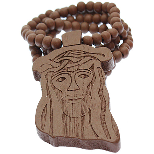 Brown Wooden Beaded Chunky Jesus Piece Necklace