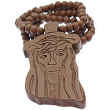 Brown Wooden Beaded Chunky Jesus Piece Necklace