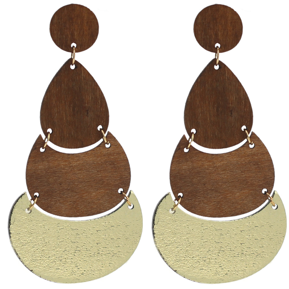 Dark Brown Geometric Wooden Link Earrings