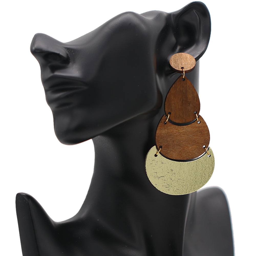 Dark Brown Geometric Wooden Link Earrings