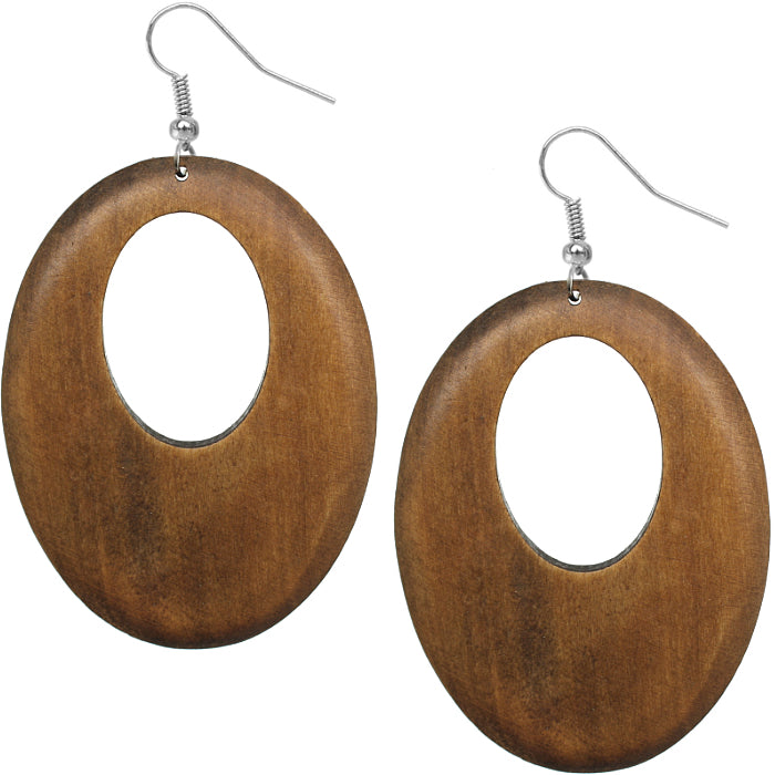 Brown Wooden Cutout Oval Earrings