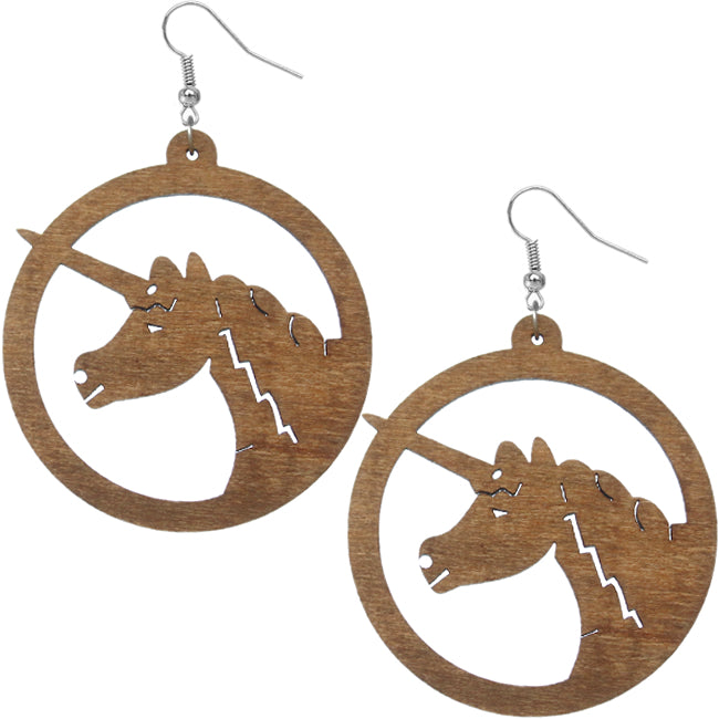 Brown Wooden Large Unicorn Hoop Earrings