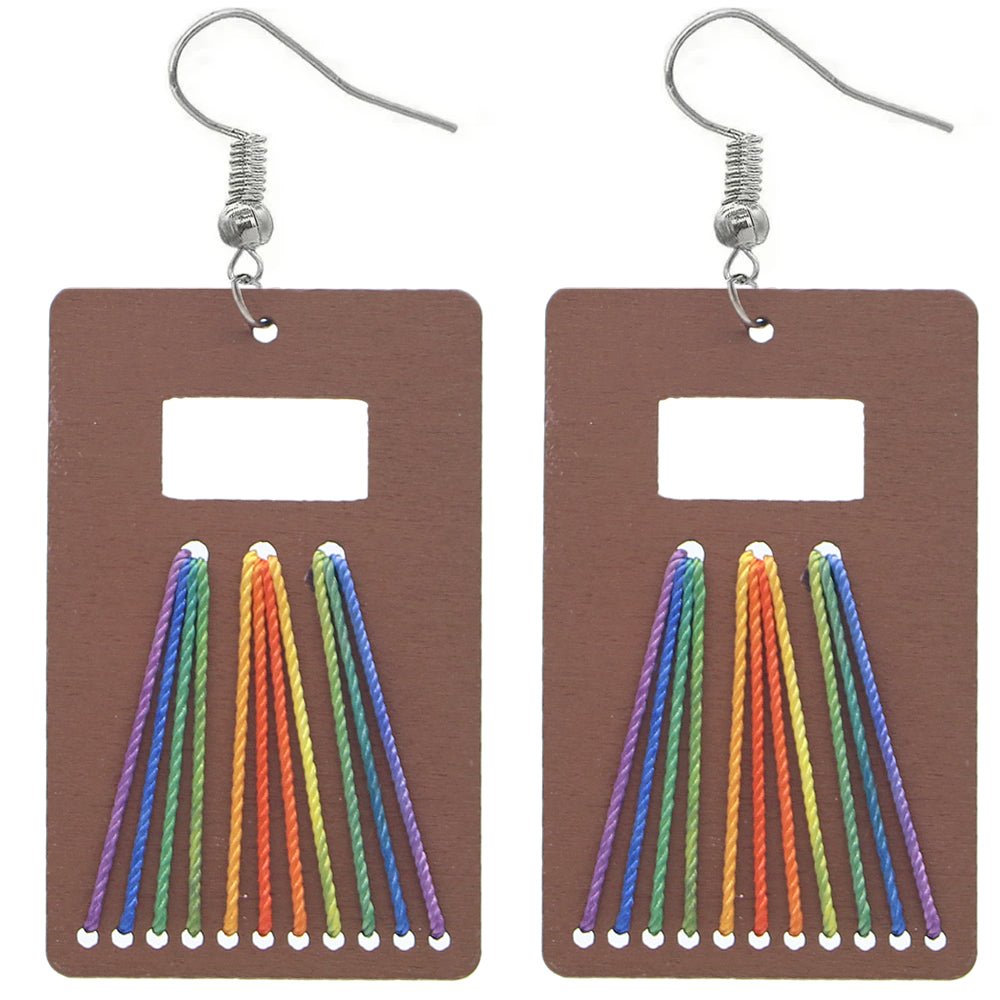 Brown Woven Wooden Rectangle Earrings
