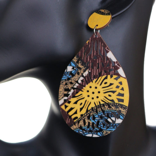 Brown Yellow Multicolor Evil Eye Wooden Teardrop Earrings