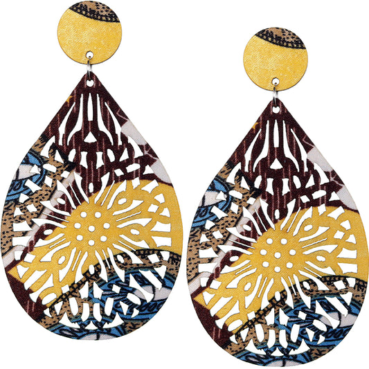 Brown Yellow Multicolor Evil Eye Wooden Teardrop Earrings