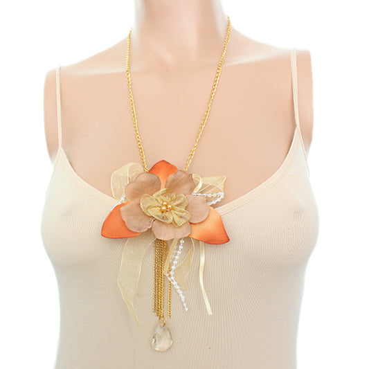 Orange Flower Fabric Chain Necklace Set