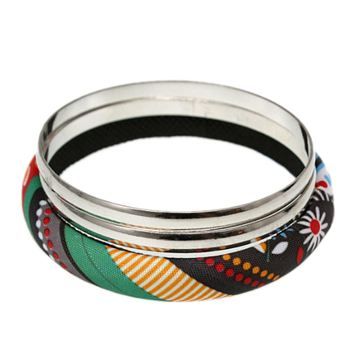 Yellow Multicolor Fabric Wrapped Bangle Bracelet Set