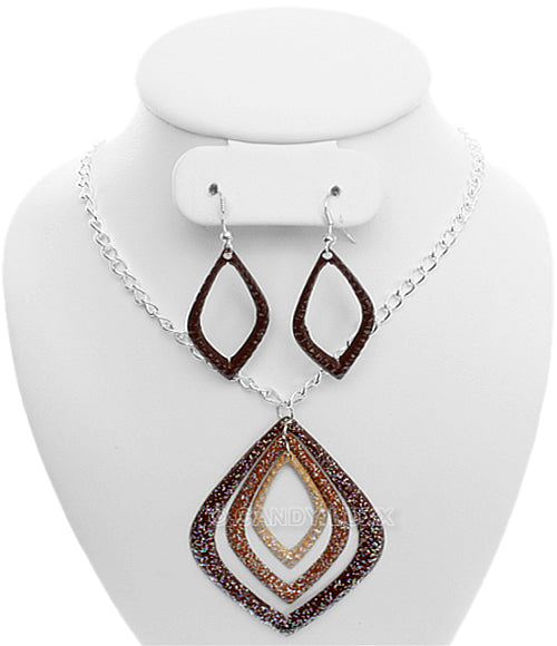 Brown Layered Glitter Teadrop Charm Necklace Set