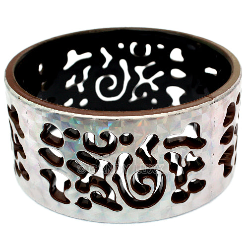 Brown Silver Cutout Chinese Textured Bangle Bracelet