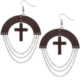 Brown Wooden Chain Link Cross Earrings