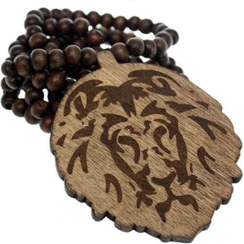 Brown Wooden Lion Head Beaded Necklace