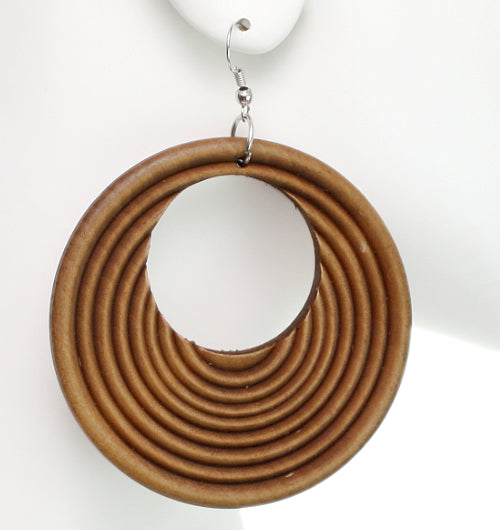 Brown Wooden Circular Roll Texture Dangle Earrings