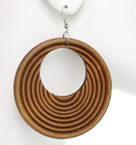 Brown Wooden Circular Roll Texture Dangle Earrings