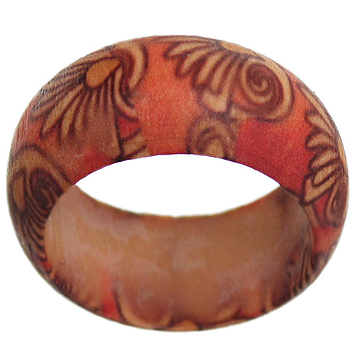 Red Wooden Floral Swirl Bohemian Ring