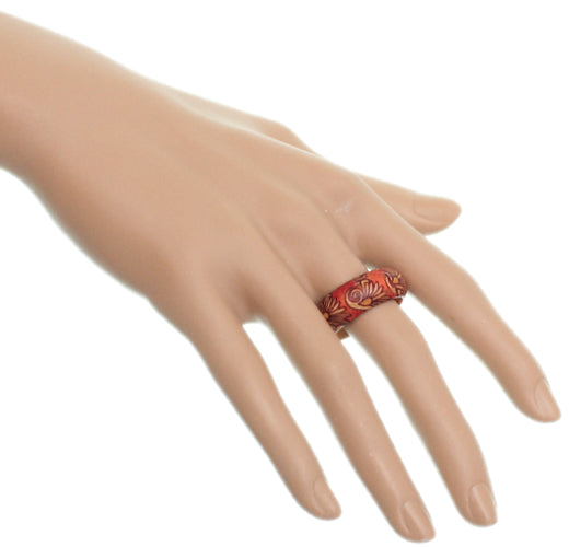 Red Wooden Floral Swirl Bohemian Ring