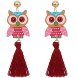Burgundy Wooden Owl Tassel Earrings