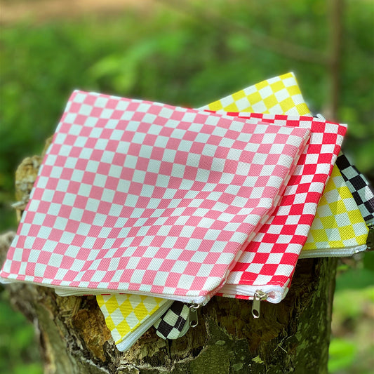 Yellow White Checkered Zipper Pouch Bag