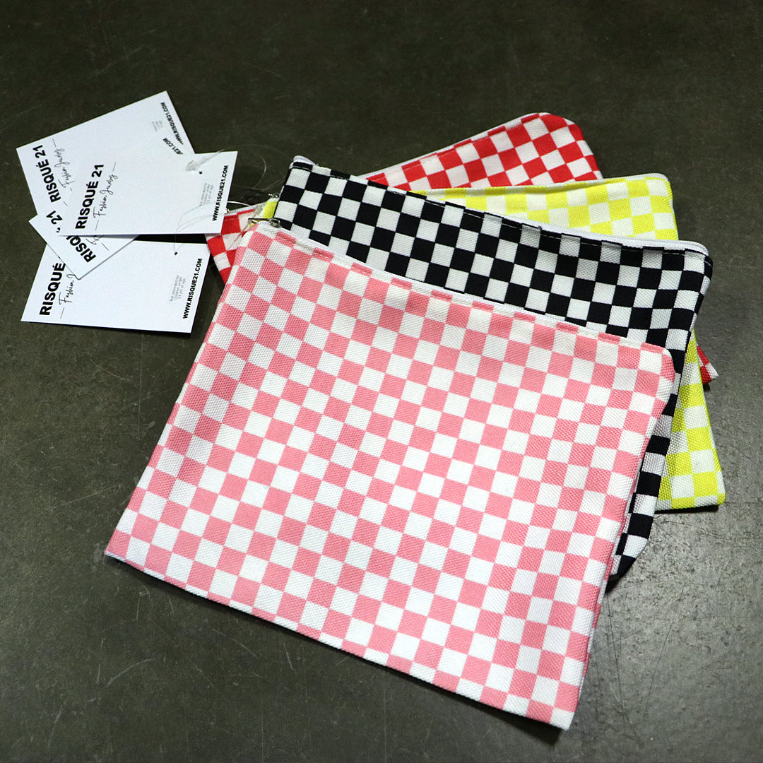 Yellow White Checkered Zipper Pouch Bag