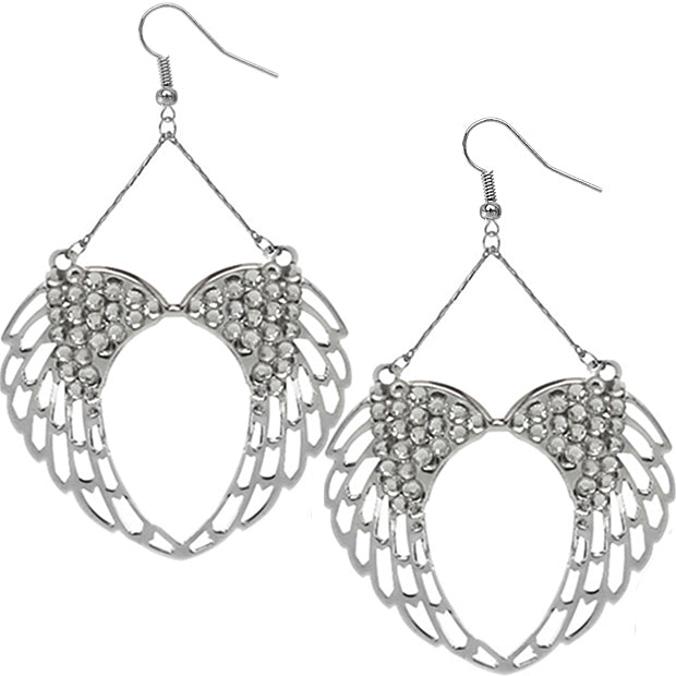 Clear Gemstone Double Wing Heart Earrings