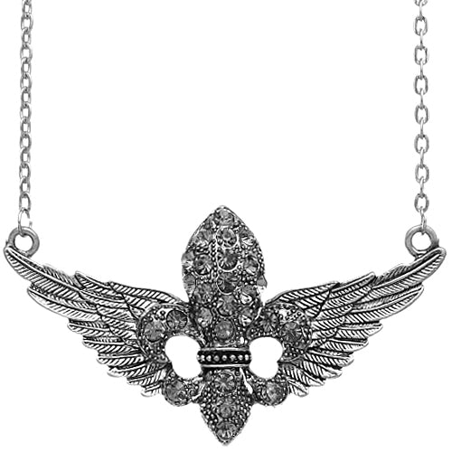 Silver Fleur De Lis Rhinestone Charm Necklace