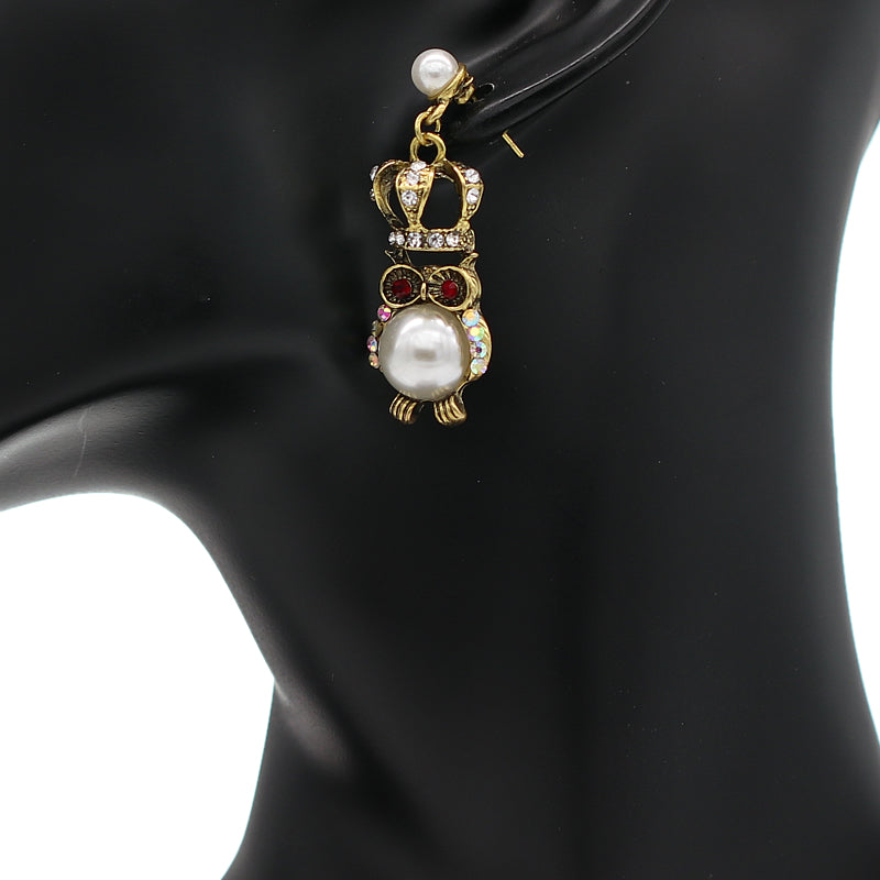 Clear Iridescent Faux Pearl Owl Dangle Earrings