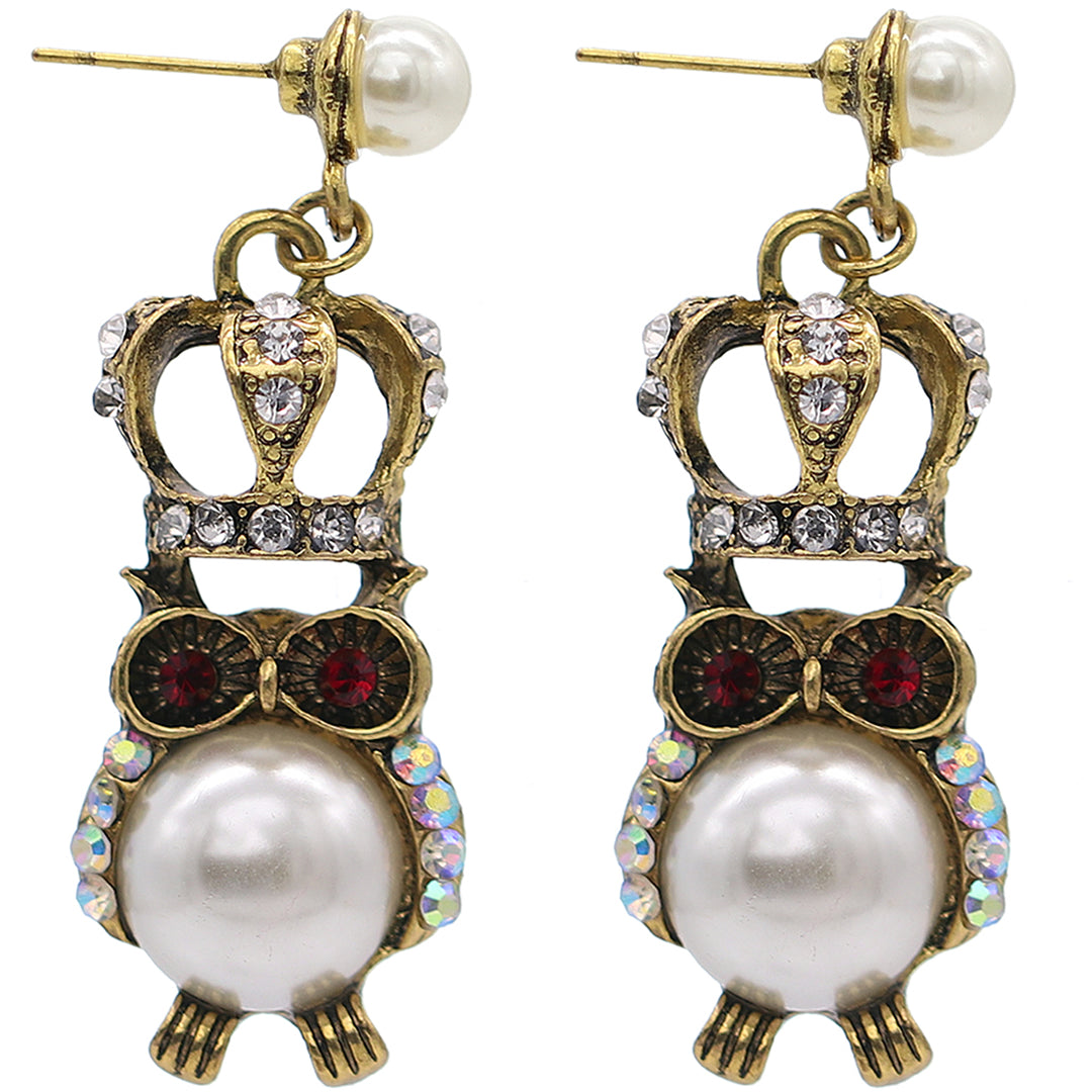 Clear Iridescent Faux Pearl Owl Dangle Earrings