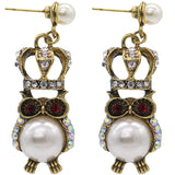 Clear Iridescent Faux Pearl Owl Dangle Earrings