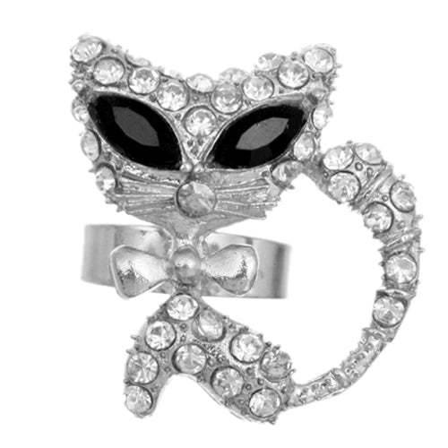 Silver Clear Rhinestone Fox Bow Tie Adjustable Ring