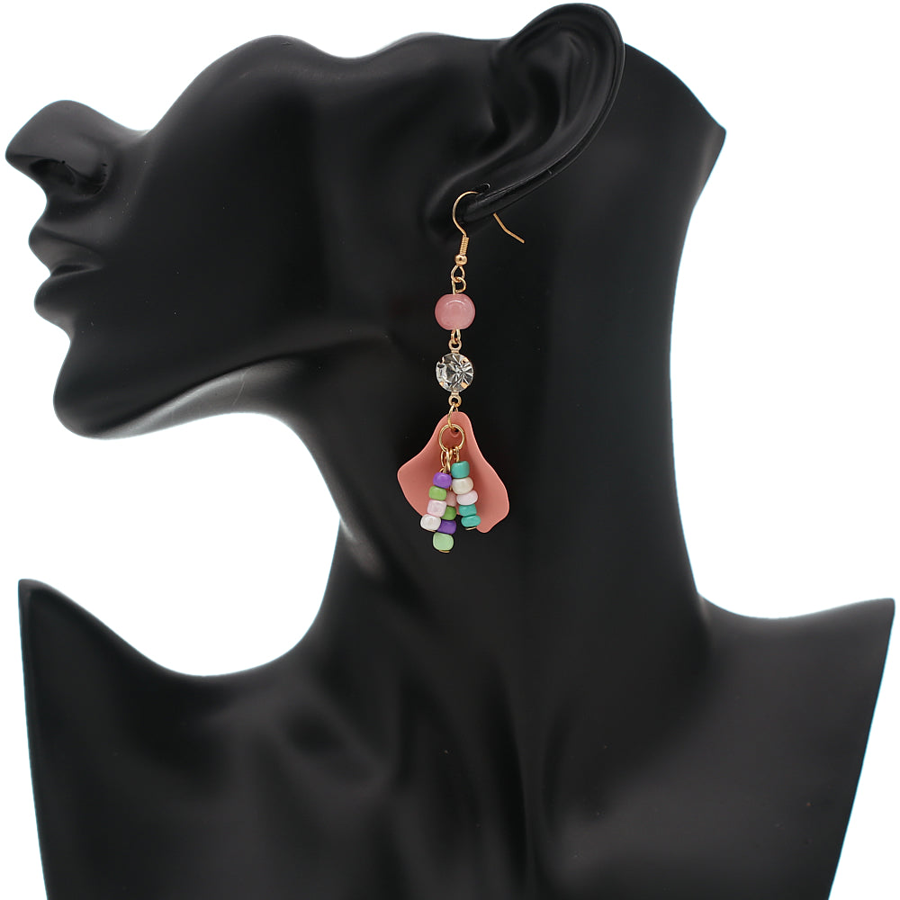 Coral Pink Tulip Petal Beaded Dangle Earrings