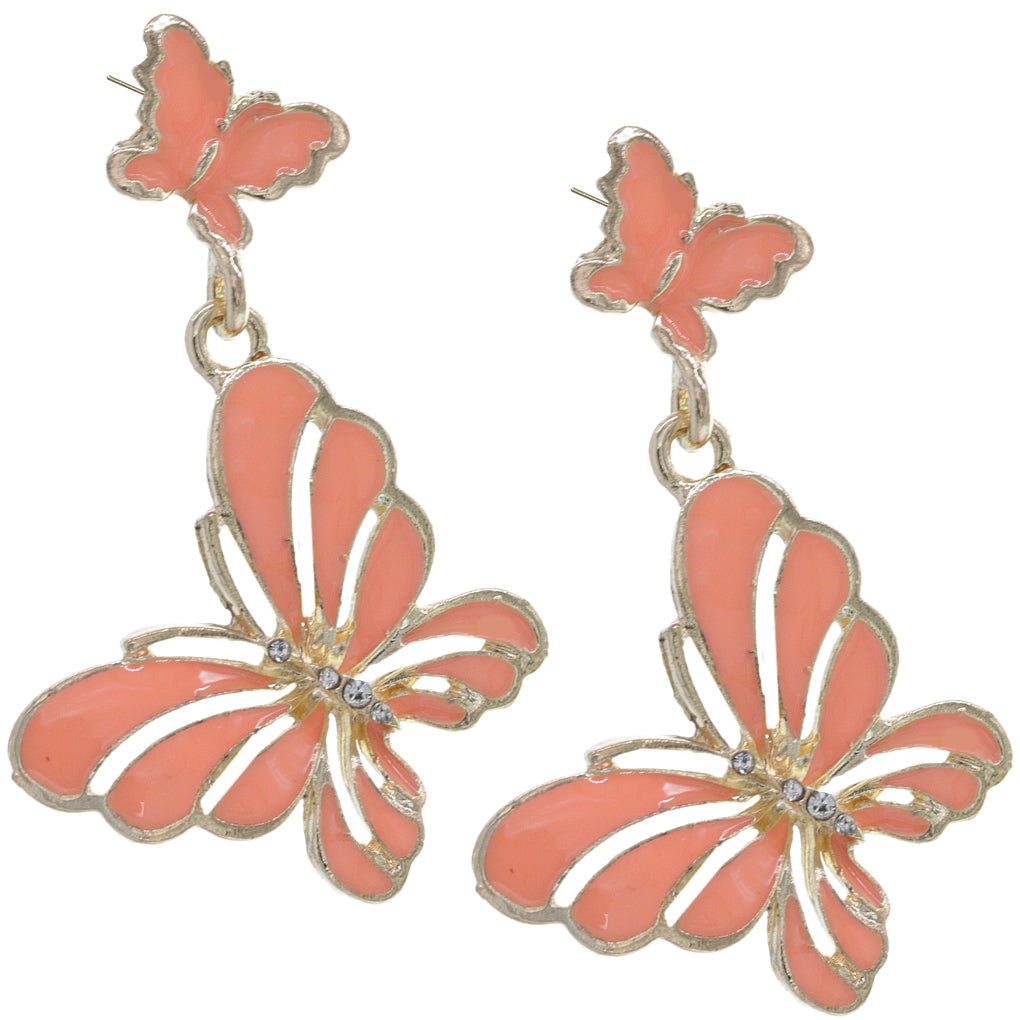 Peach Butterfly Rhinestone Dangle Earrings