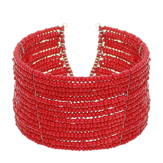 Coral Red Beaded Sequin Coil Cuff Bracelet