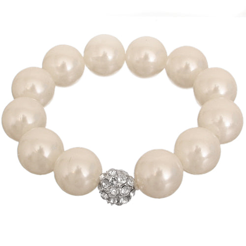Cream Faux Pearl Shamballa Stretch Bracelet