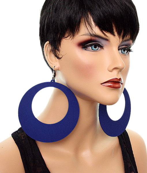 Blue Gigantic Wooden Round Hoop Earrings
